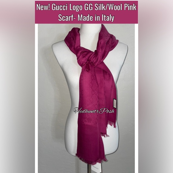 🎉HP🎉New! Gucci Logo Double GG Silk/Wool Pink Scarf 71”x18”- Made in Italy🇮🇹 - Picture 1 of 14